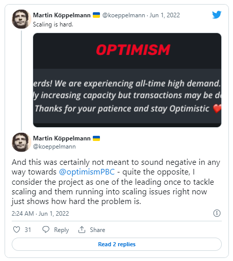 توییت مارتین کوپلمن در مورد ایردراپ Optimism 