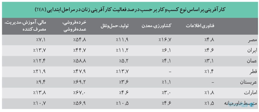 کارآفرینی بر اساس نوع کسب‌وکار بر حسب درصد فعالیت کارآفرینی زنان در مراحل ابتدایی (TEA) 